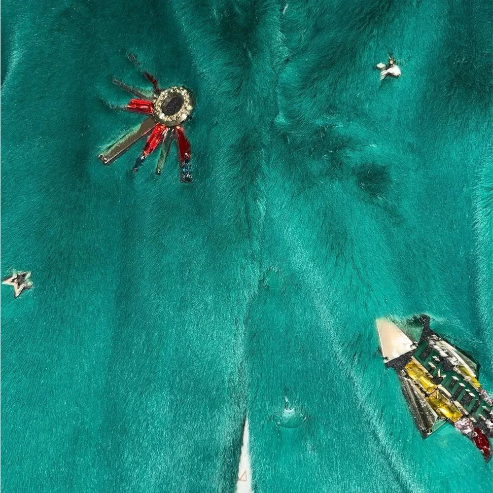 Le Motif Korean Designer Bejeweled Faux Fur Coat Girls XXL Emerald Green